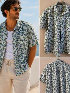 Tenth & Ocean Palm Print Linen Blend Button Up Shirt XXL (fits like XL)